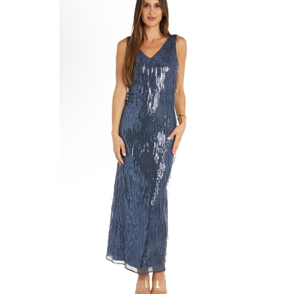 R & M Richards Navy Blue Sequined Fringe Maxi Dress